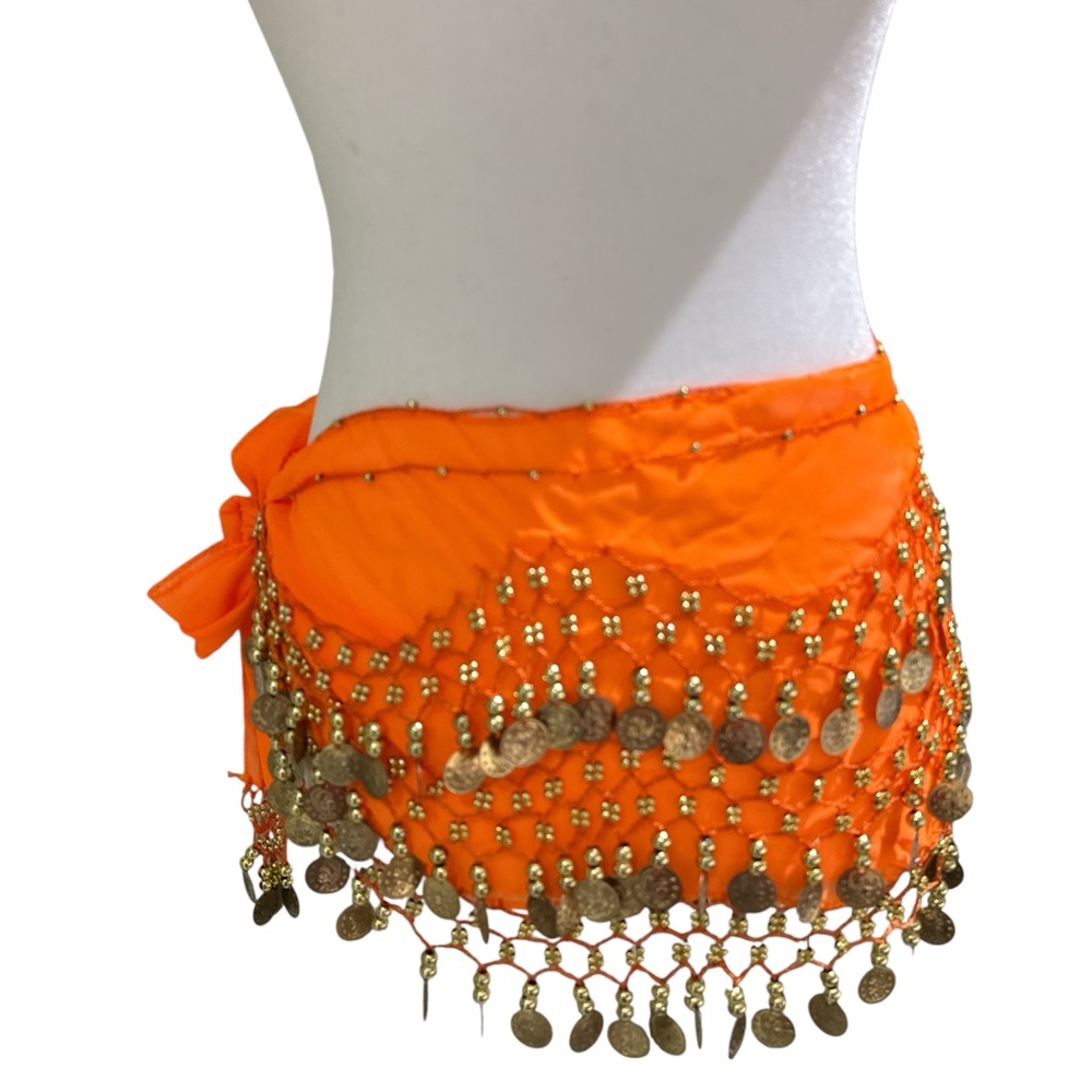 Orange Belly Dance Hip Scarf with Gold Coins